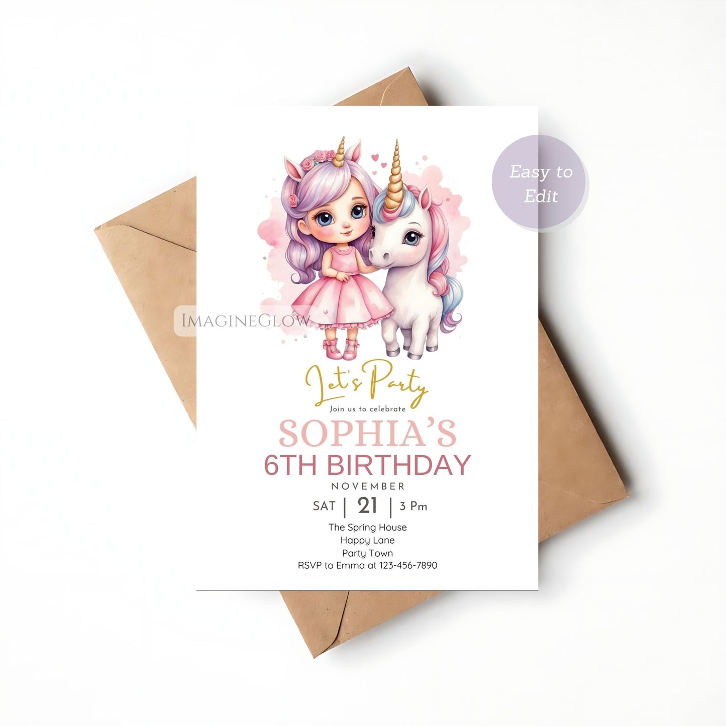 Personalized unicorn-themed birthday invitation