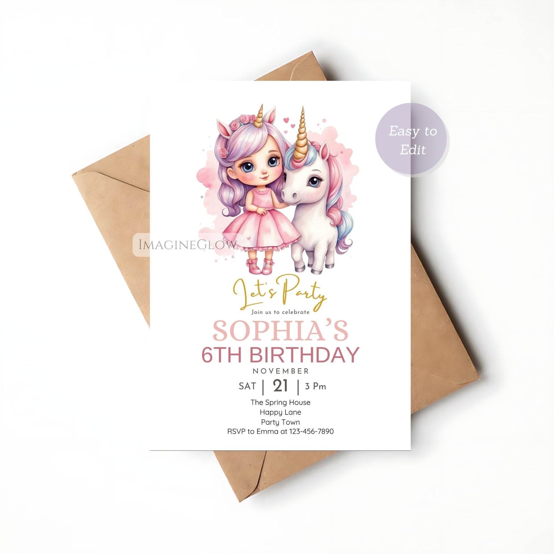 Personalized unicorn-themed birthday invitation