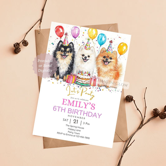 Three Pomeranian dog birthday invitation template