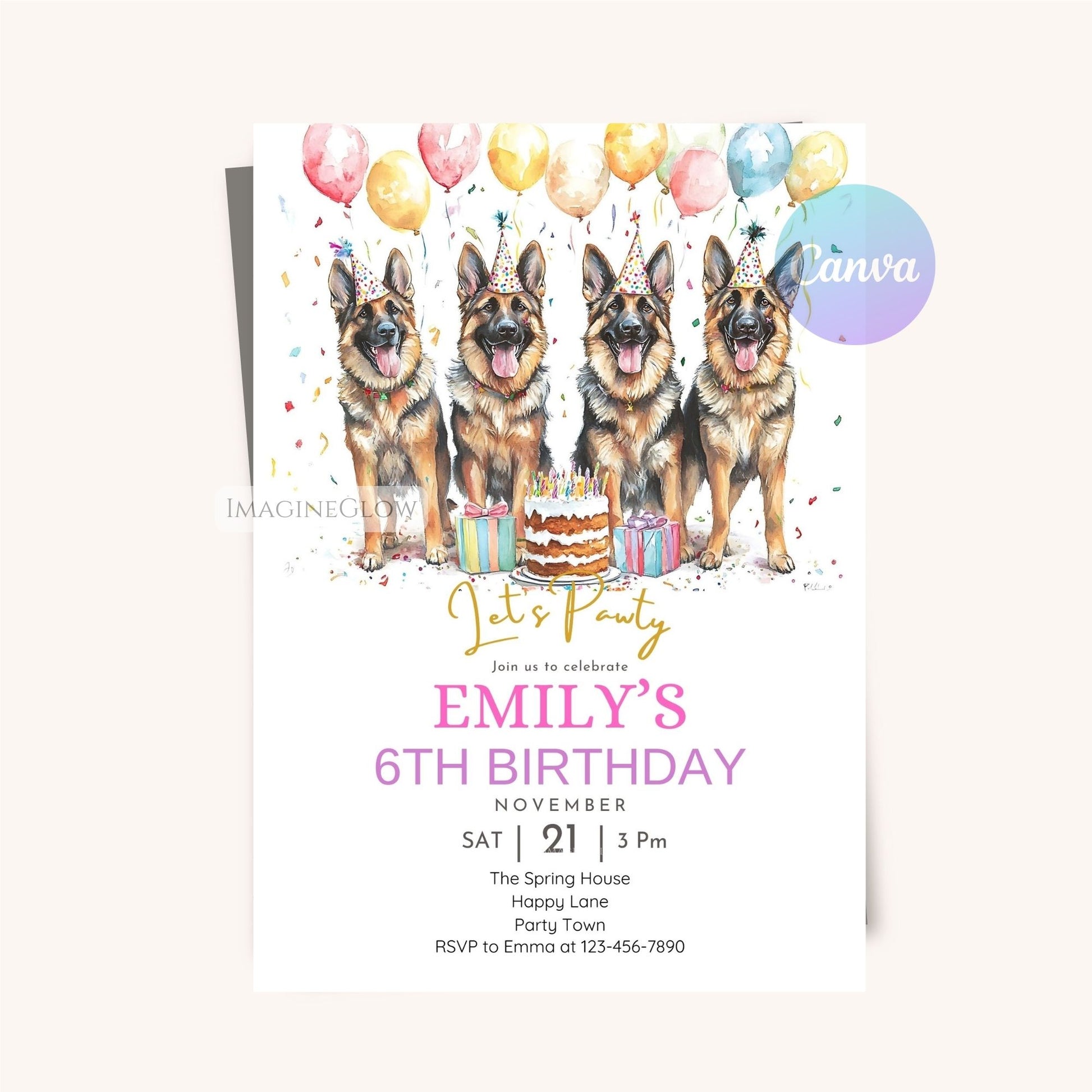 Digital download German Shepherd dog birthday party invite