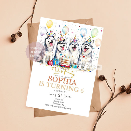 Four Huskies birthday invitation printable design