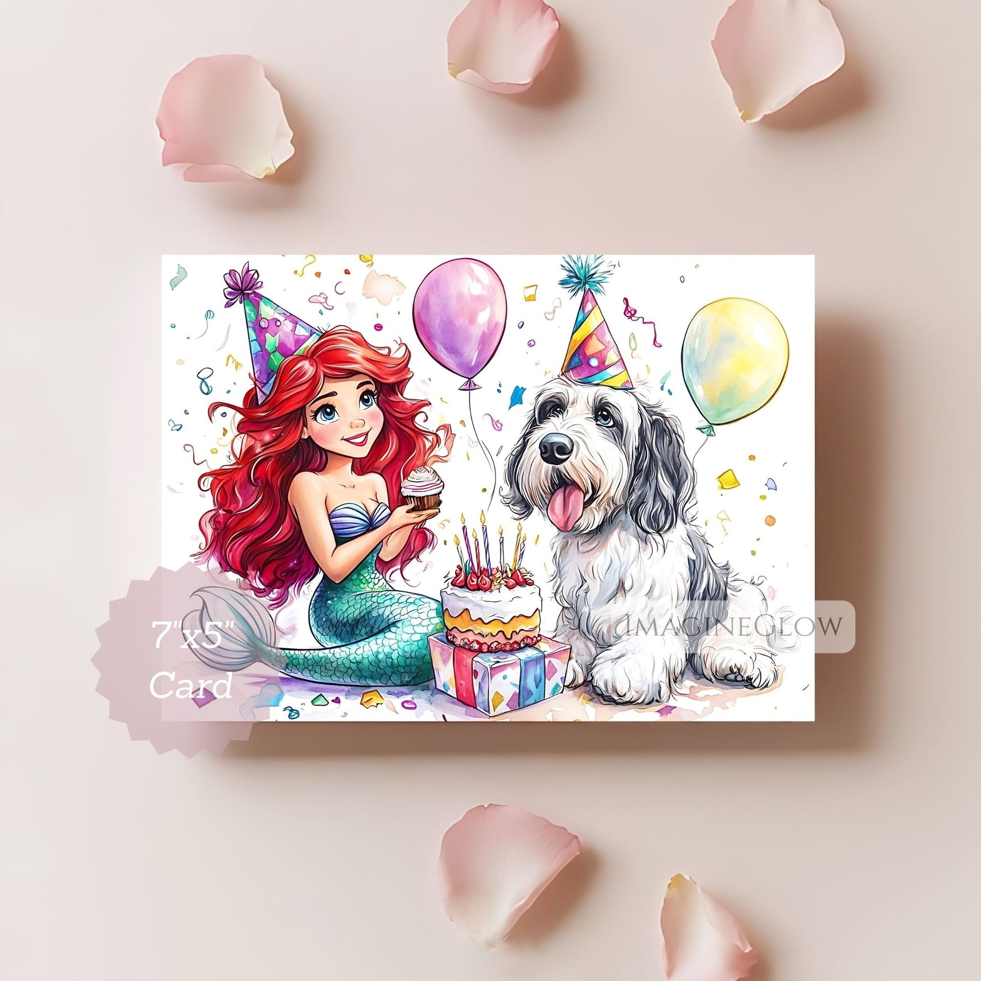 Illustration of a mermaid and a dog with birthday decorations on a light pink background.