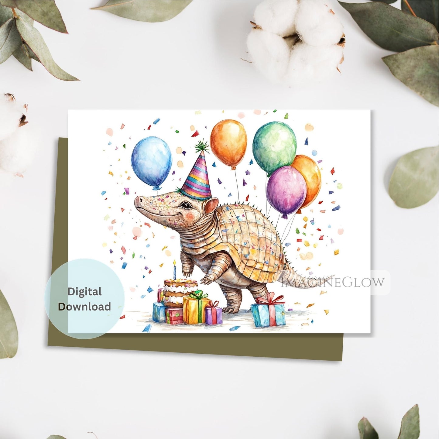 Birthday card with armadillo illustration and balloons on a white background