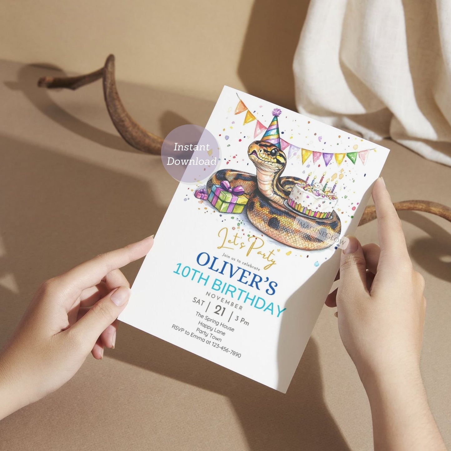 Printable ball python birthday invitation for reptile fans.
