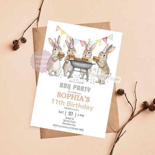 Four bunny BBQ birthday invitation with grill and chill theme