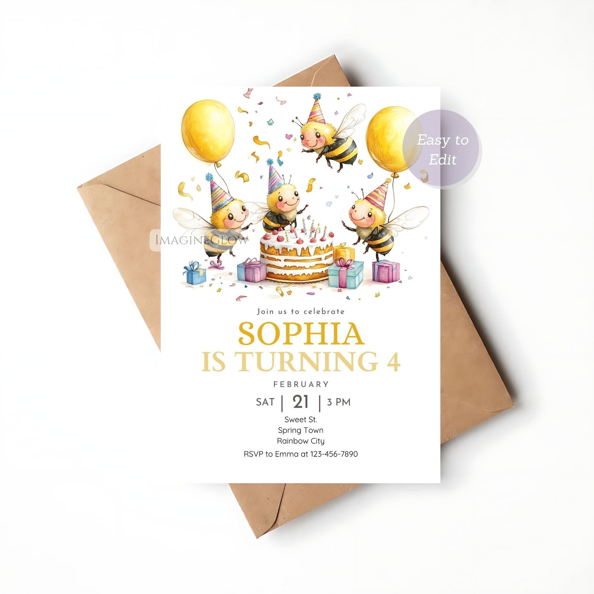 Bee-themed birthday invitation in Canva