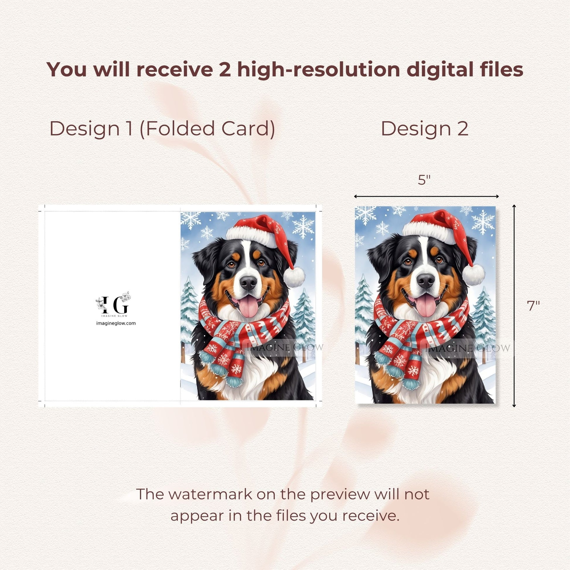 Two high-resolution digital file designs of a dog wearing a Santa hat and scarf with dimensions displayed.