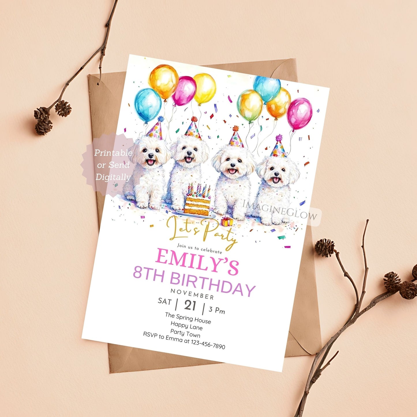 Editable Bichon Frise and Maltese dog birthday invitation.