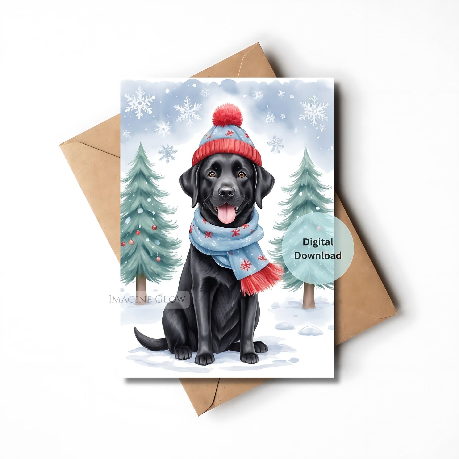 Greeting card with a black dog wearing a winter hat and scarf, set against a snowy background.