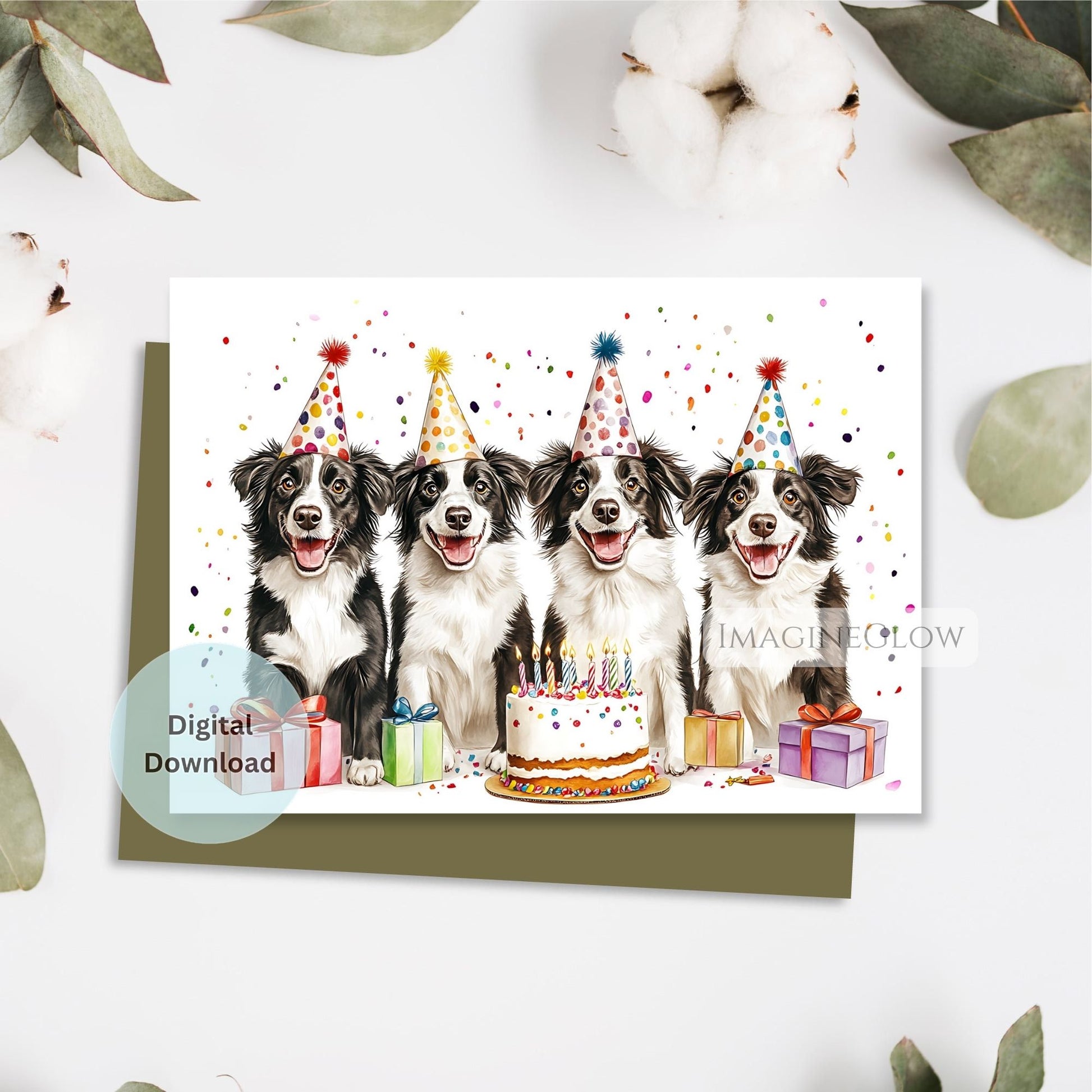 Birthday card with four dogs wearing party hats and a cake, on a white background