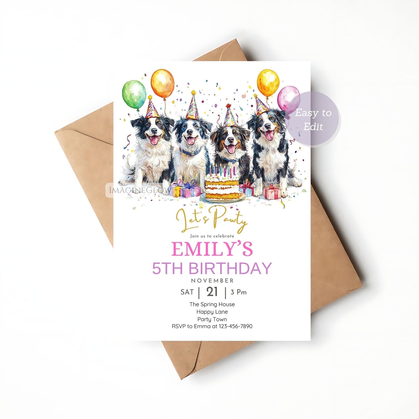 Digital Border Collie dog birthday invitation template.