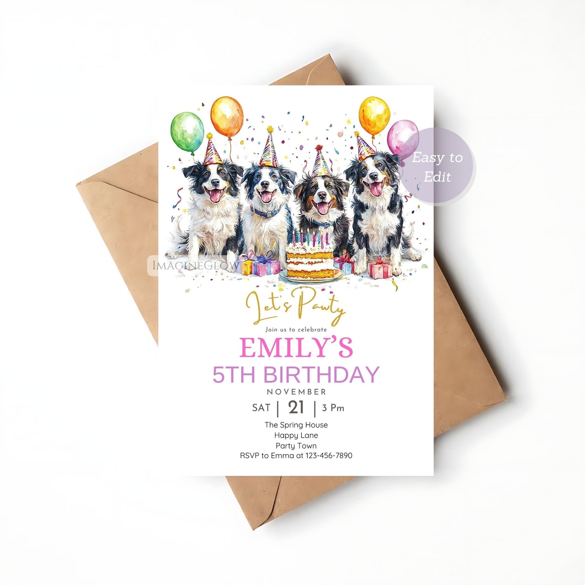 Digital Border Collie dog birthday invitation template.