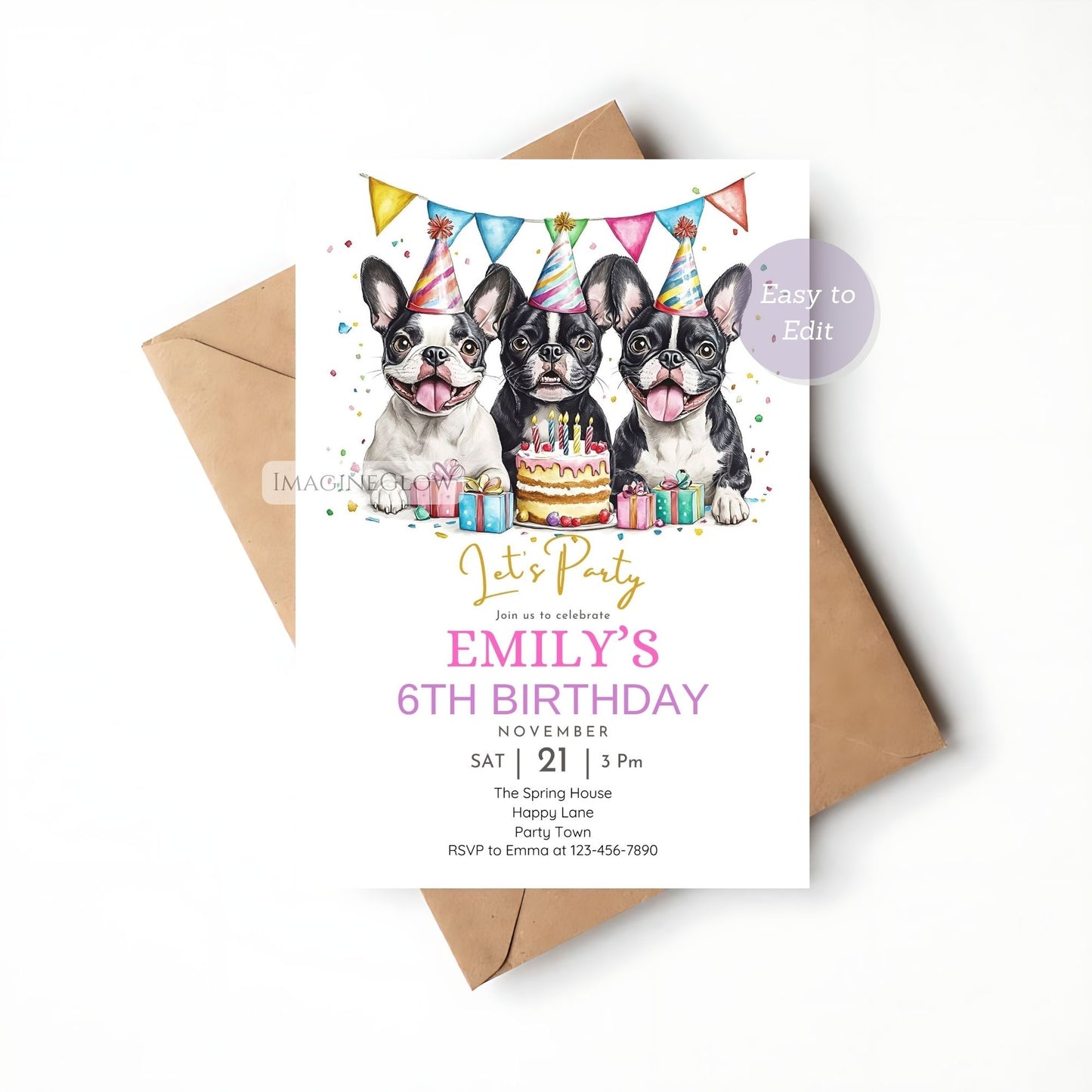 Three Boston Terriers on a fun birthday invitation design.