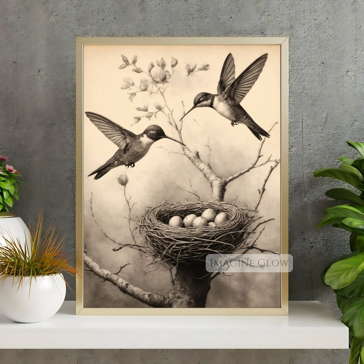 Classic bird nest and hummingbirds digital download