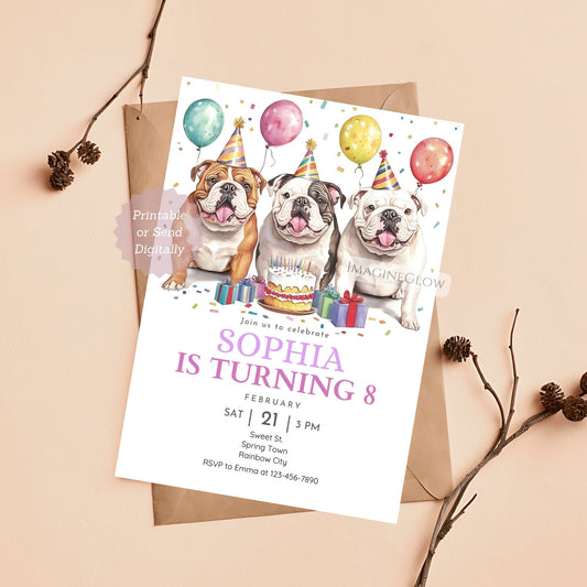 Cute Bulldog birthday invitation with playful puppy design