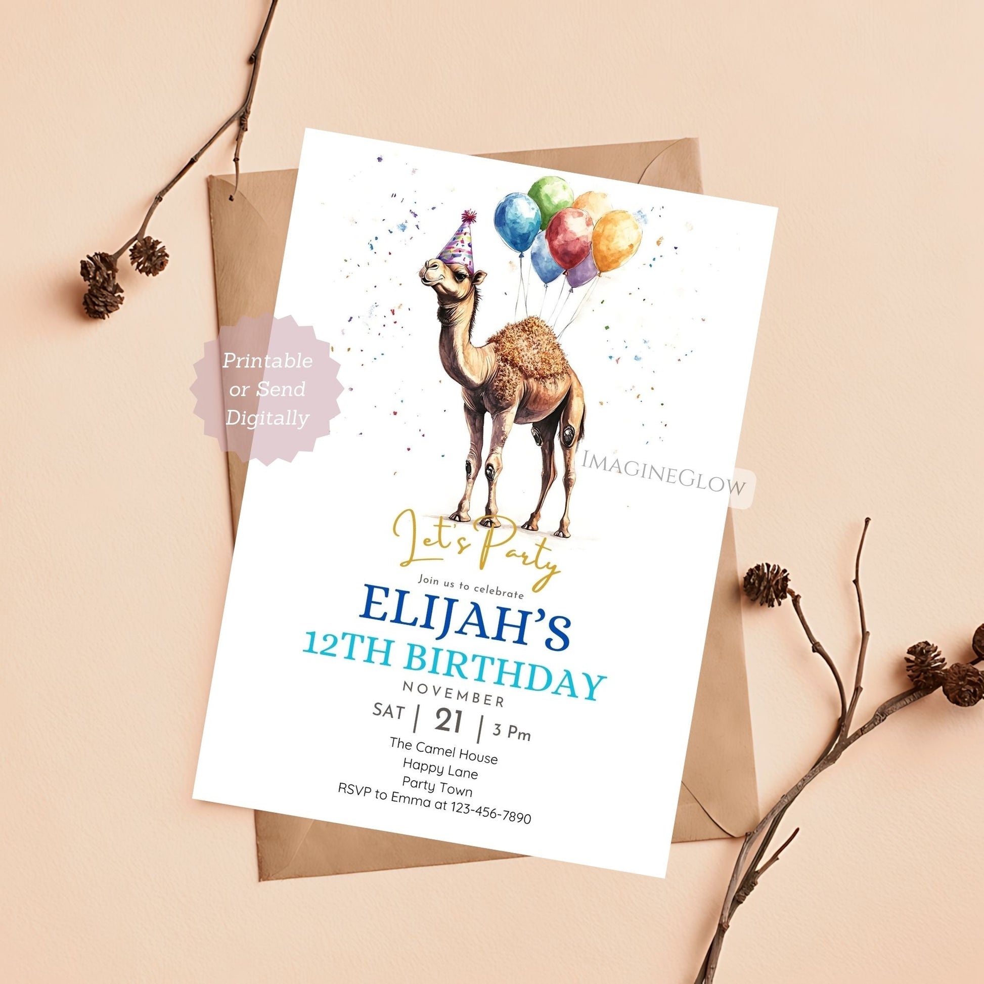 Kids camel birthday invitation with a unique design
Digital camel birthday invitation for kids' party