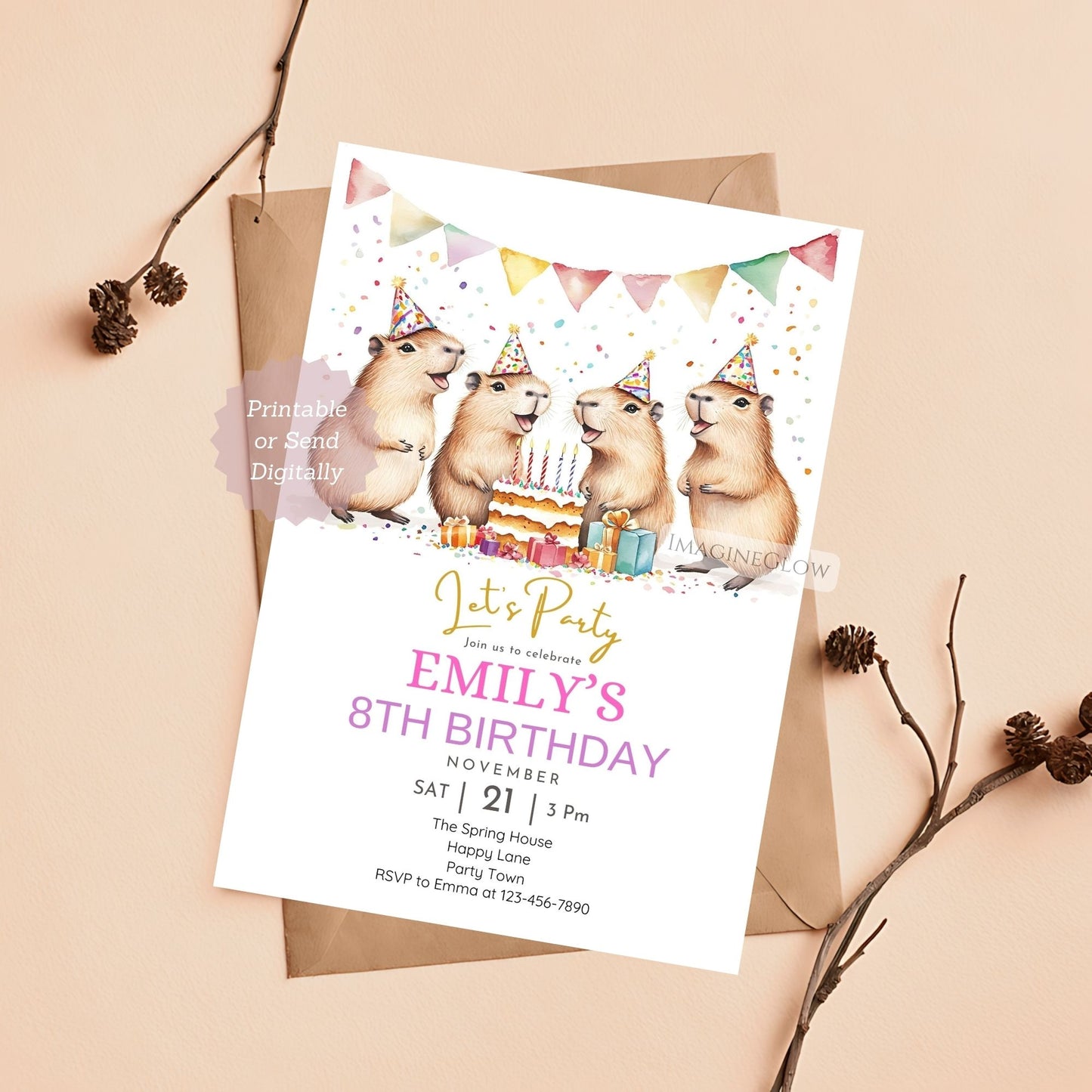 Capybara birthday invitation for kids
Cute capybara-themed party invite