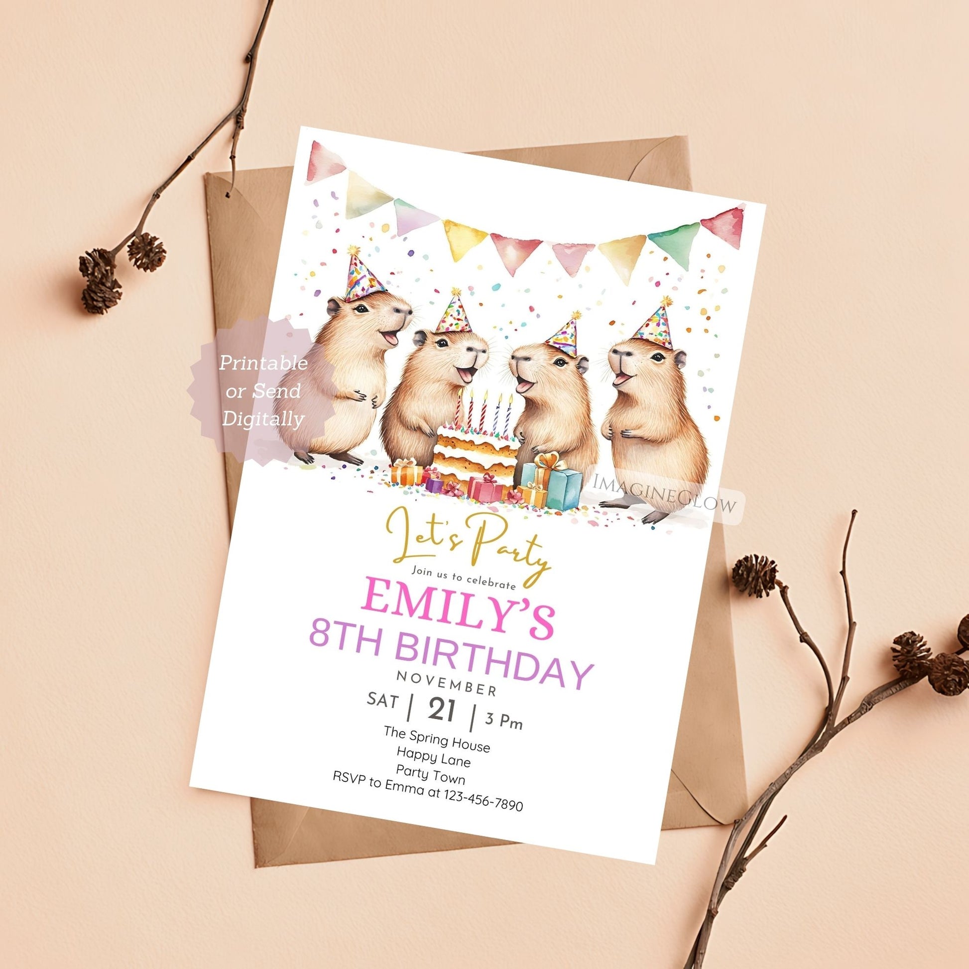 Capybara birthday invitation for kids
Cute capybara-themed party invite