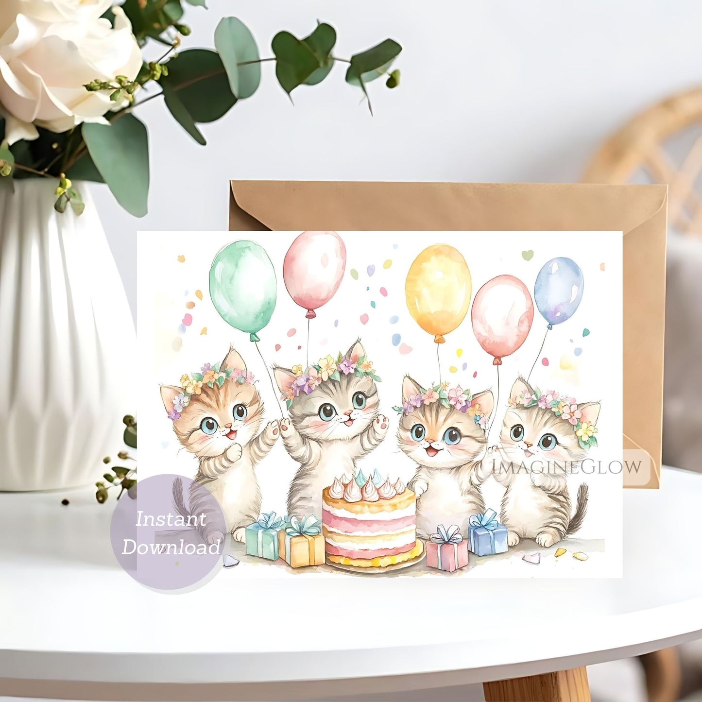 Greeting card with four kittens celebrating a birthday, surrounded by balloons and gifts, on a white background.