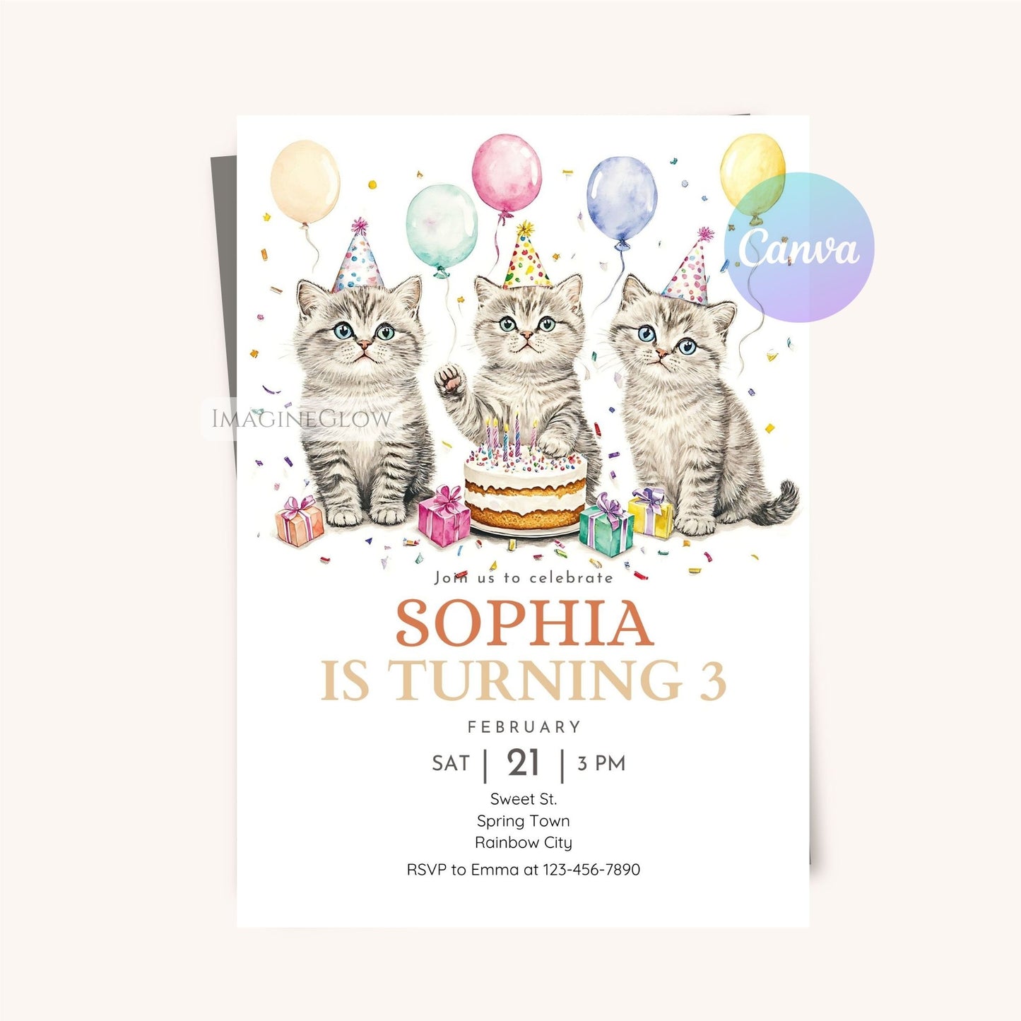 Editable Canva cat invitation for birthdays