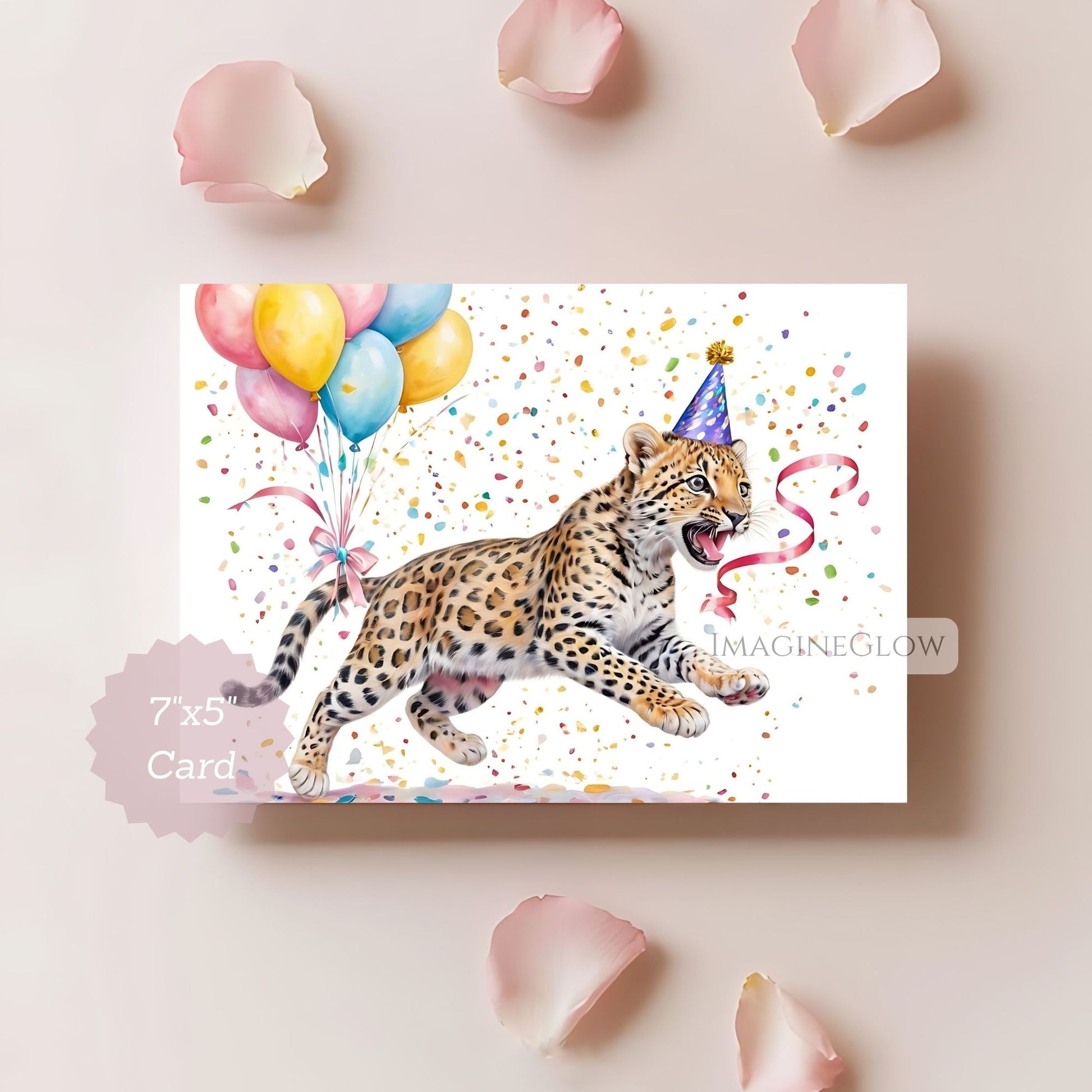 Birthday card with a leopard, balloons, and confetti on a light pink background.