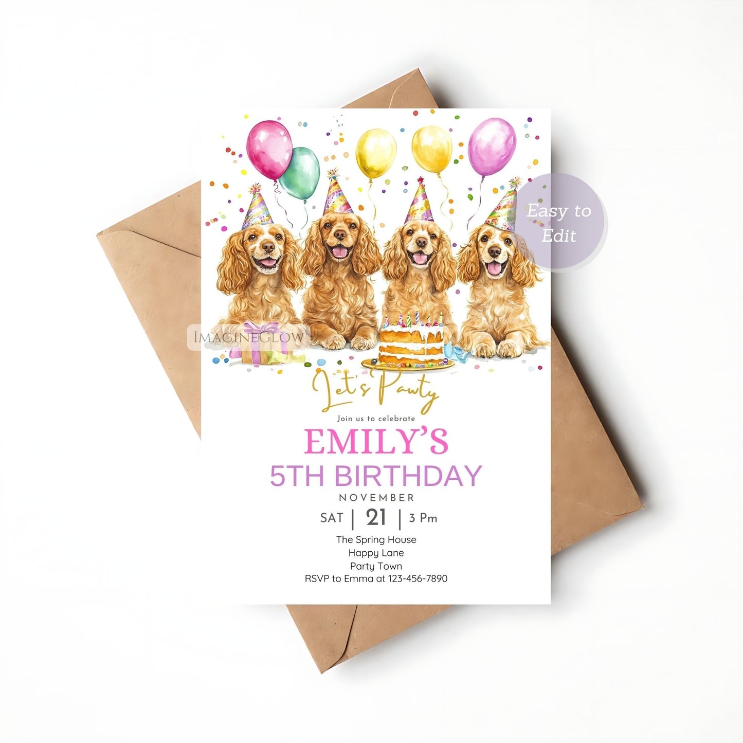 Printable Cocker Spaniel dog party invitation.