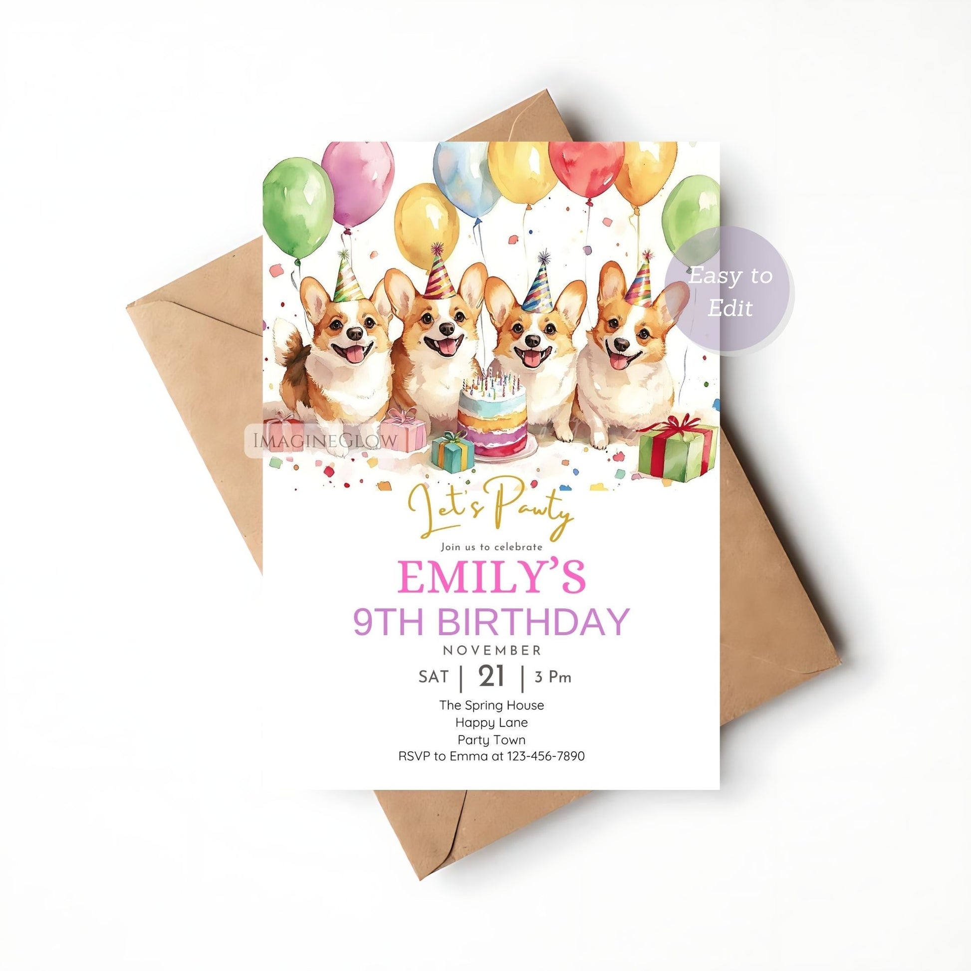 Canva-editable Corgi birthday party invitation.
Digital dog birthday invitation for pet owners.