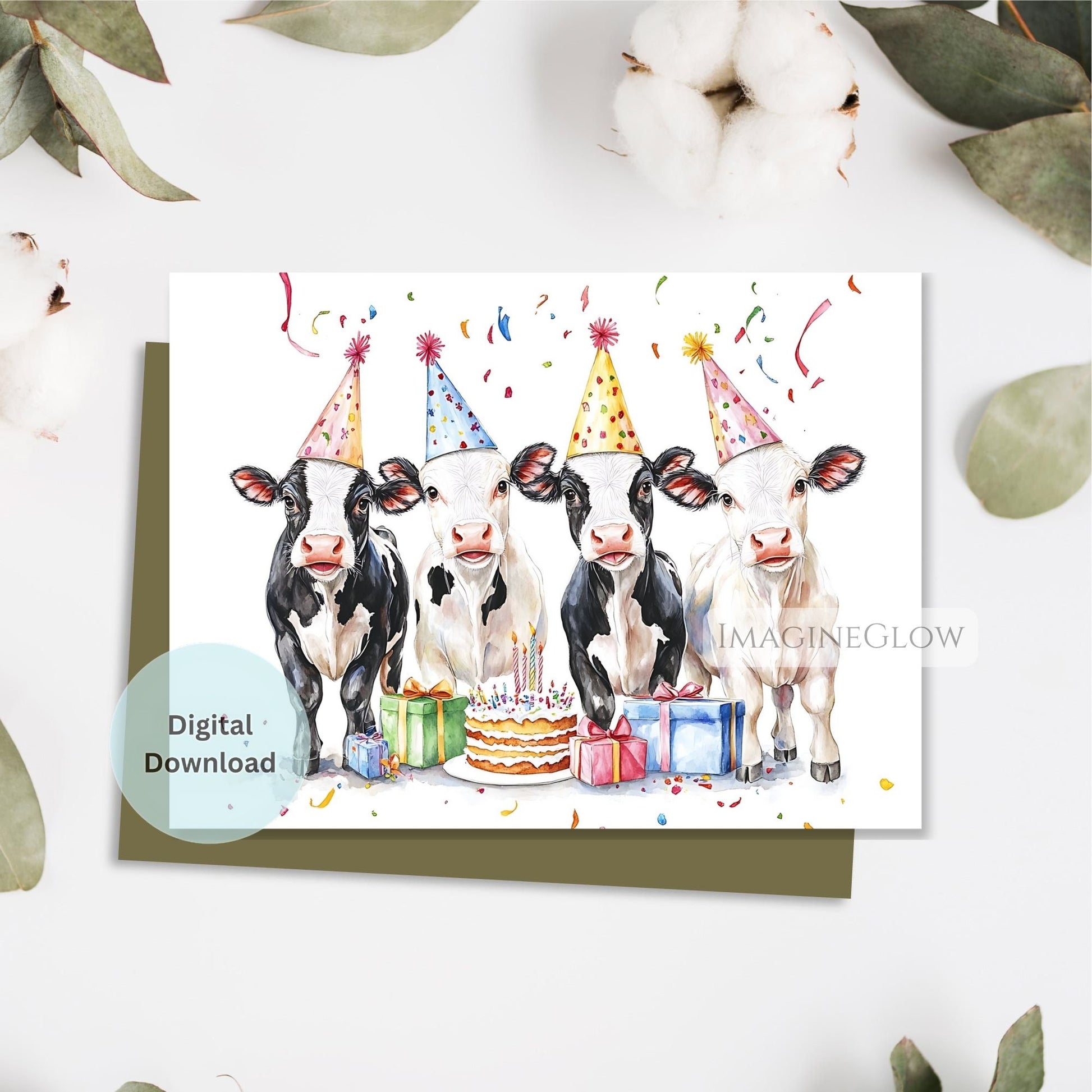 Birthday card with cartoon cows wearing party hats on a white background