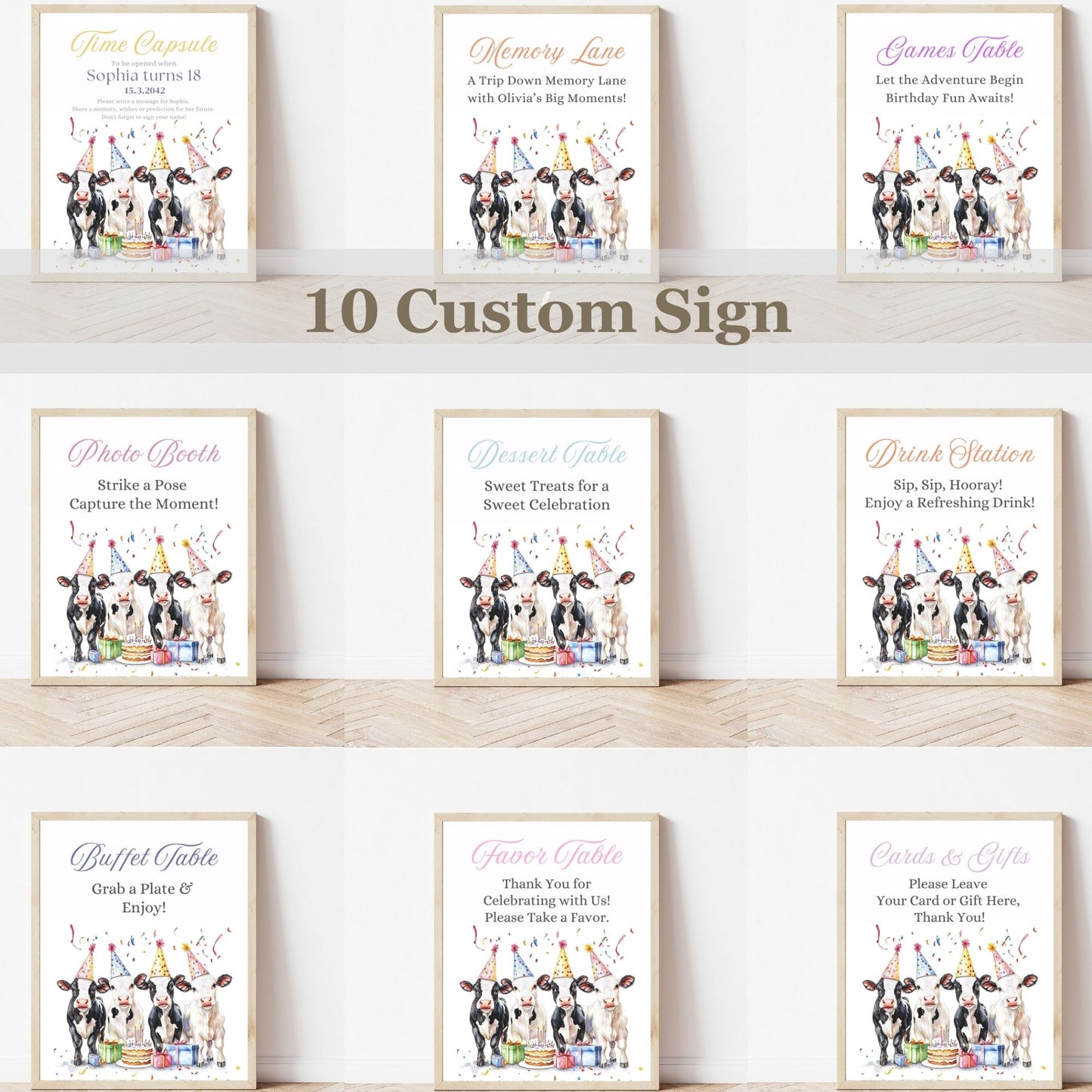 cow birthday bundle printable set
editable cow birthday invitation bundle
farm party cow invitation and decorations
cute cow birthday thank you card template
cow party welcome sign farm birthday bundle
printable farm animal cow birthday invitation
cow birthday party bundle editable in canva