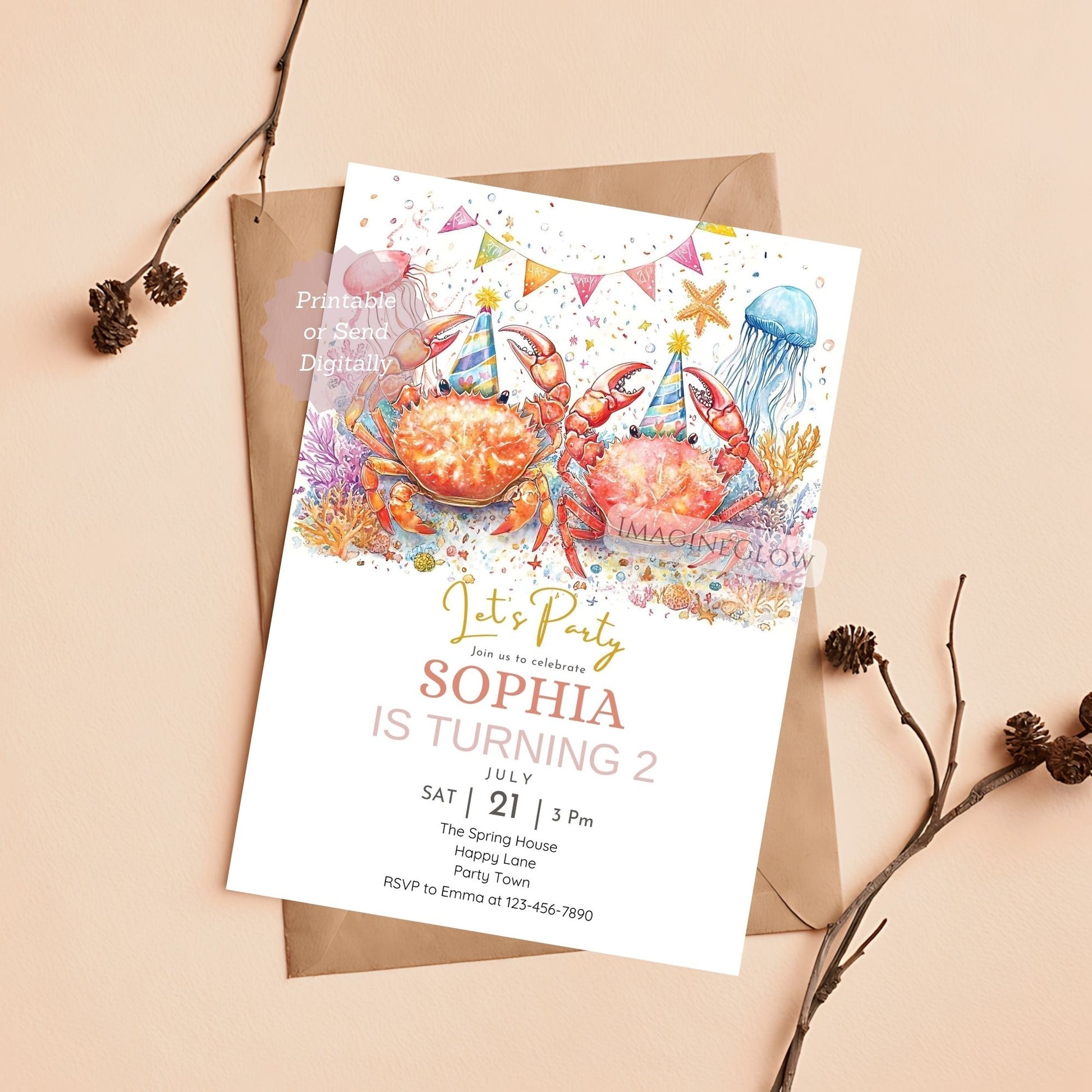 Crab birthday invitation editable in Canva