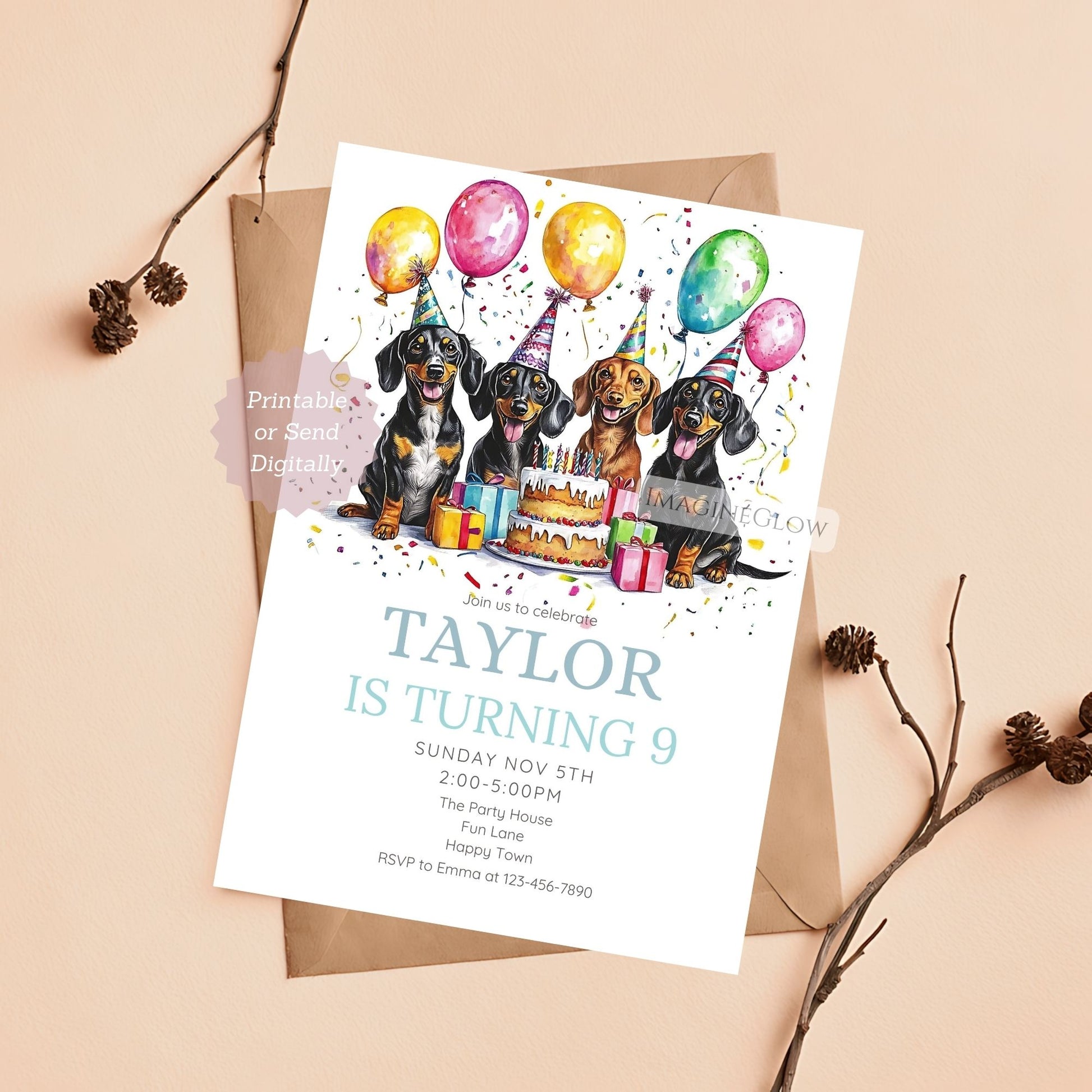 Four Dachshund dog birthday invitation for puppy lovers