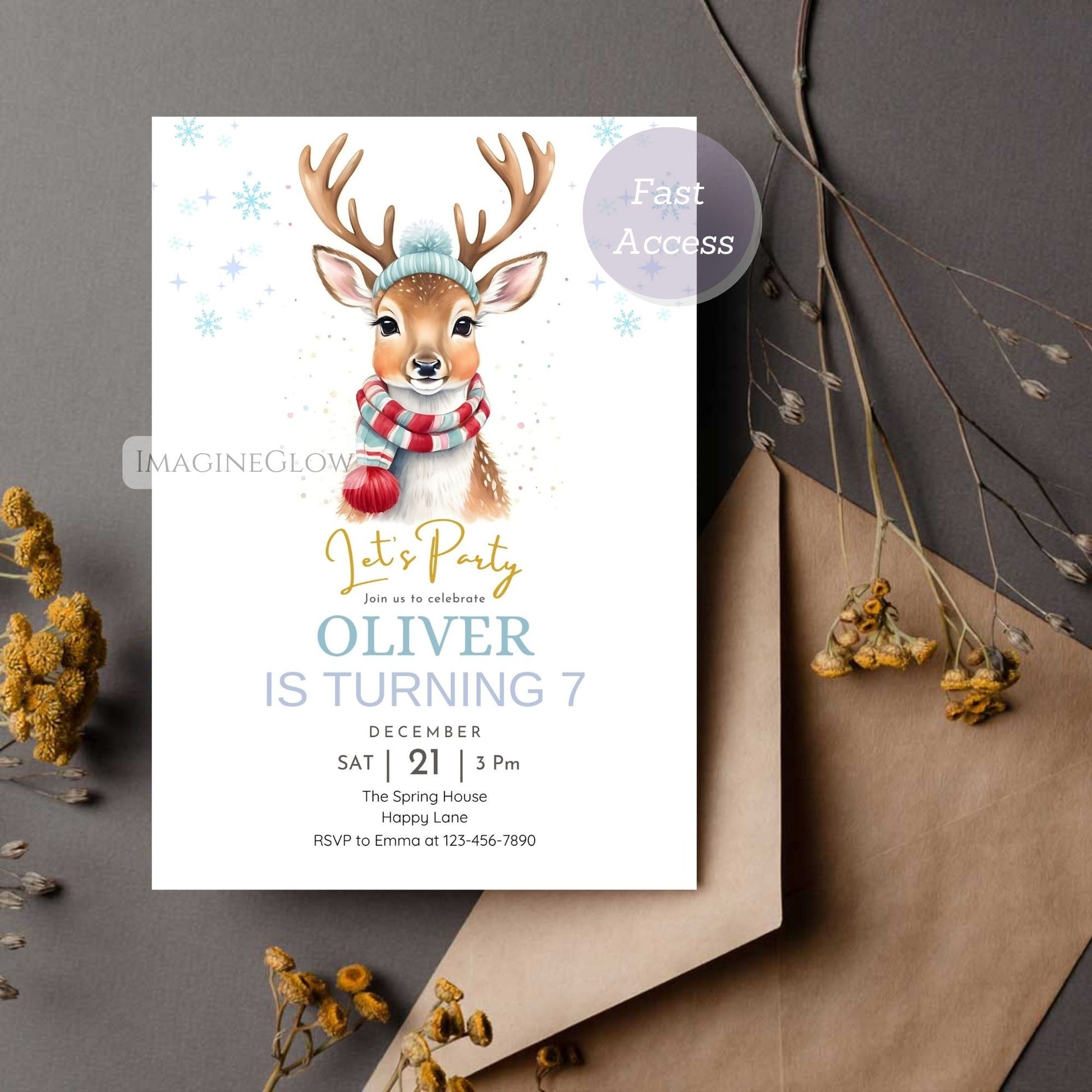 Birthday invitation card with a deer wearing a hat and scarf on a gray background
