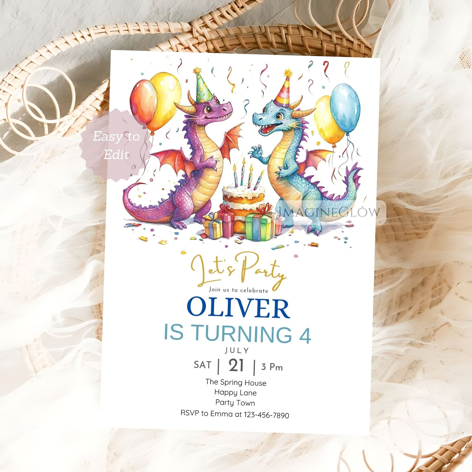 Mystical birthday party invitation with dragon design
