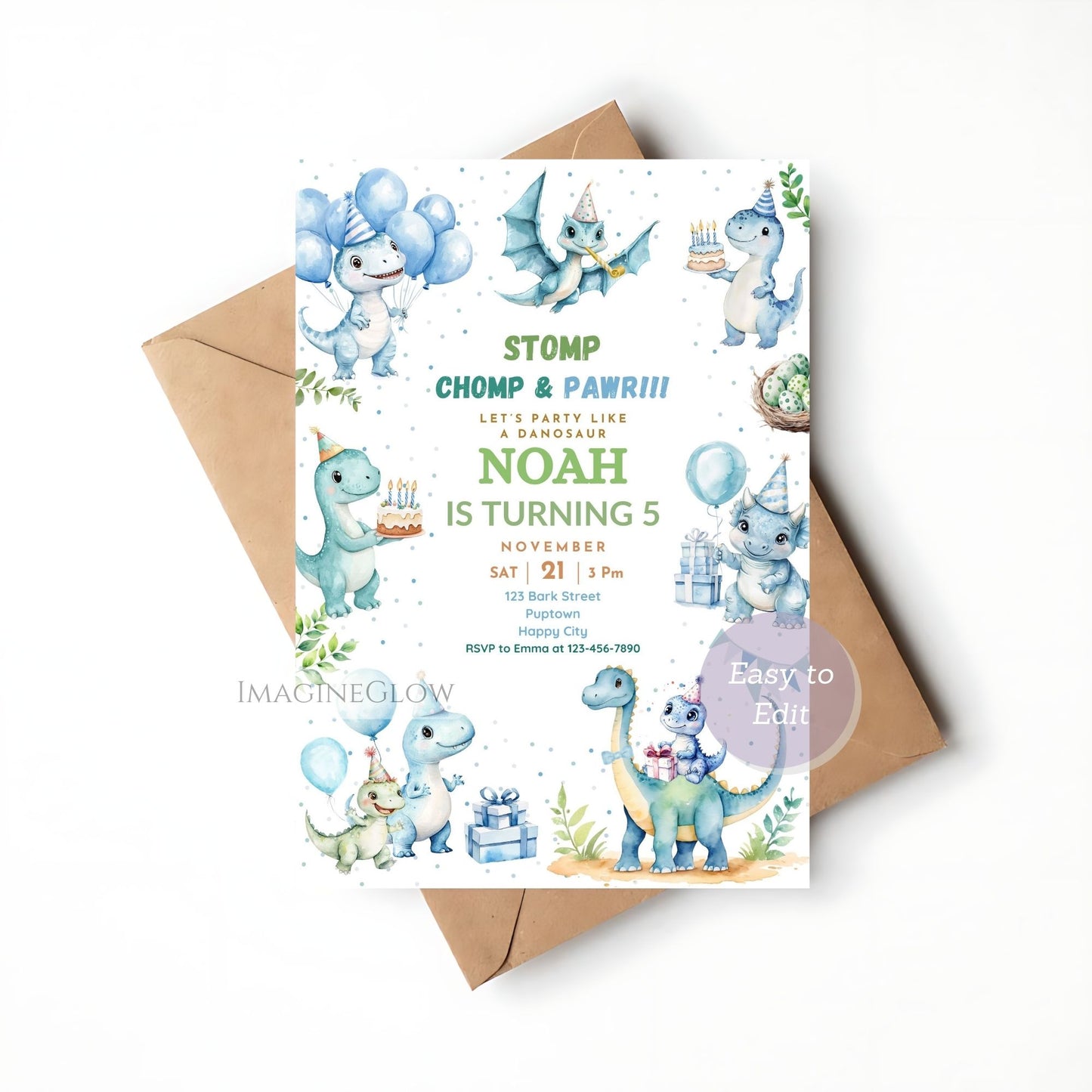 Dinosaur Birthday Invitation - Blue Theme Party Invitation