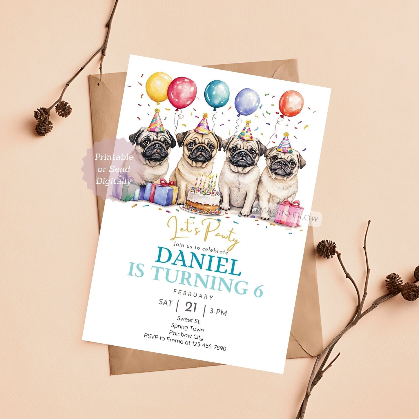 Pug birthday invitation for dog lovers.
Printable dog party invite featuring a pug.