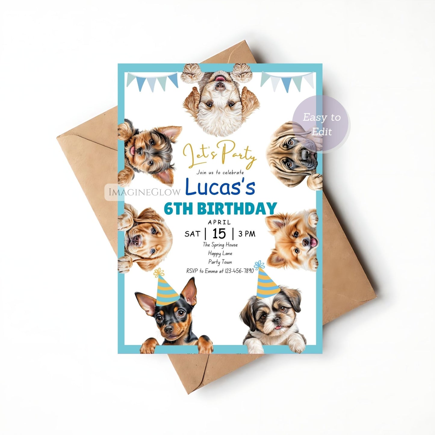 Printable dog birthday invite for boys' celebrations.