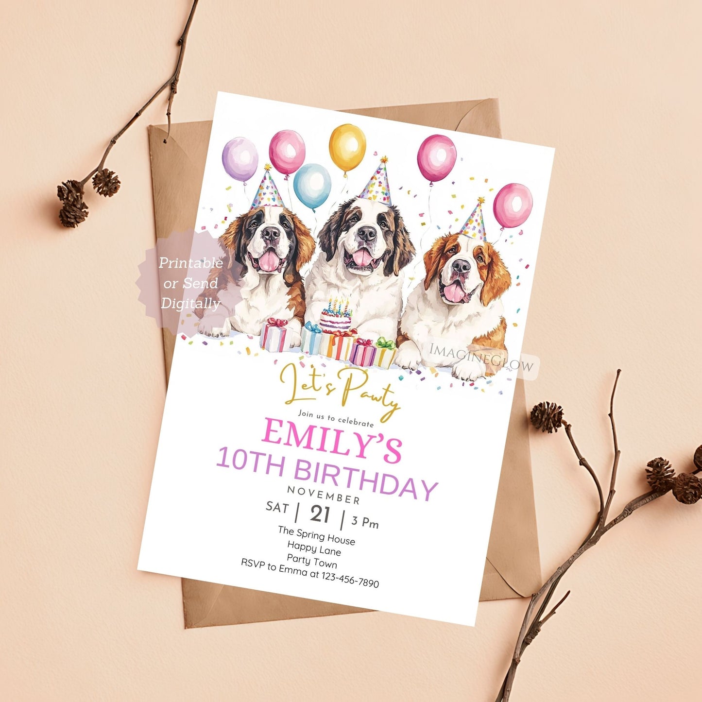 Printable dog party invite featuring Saint Bernard dogs.