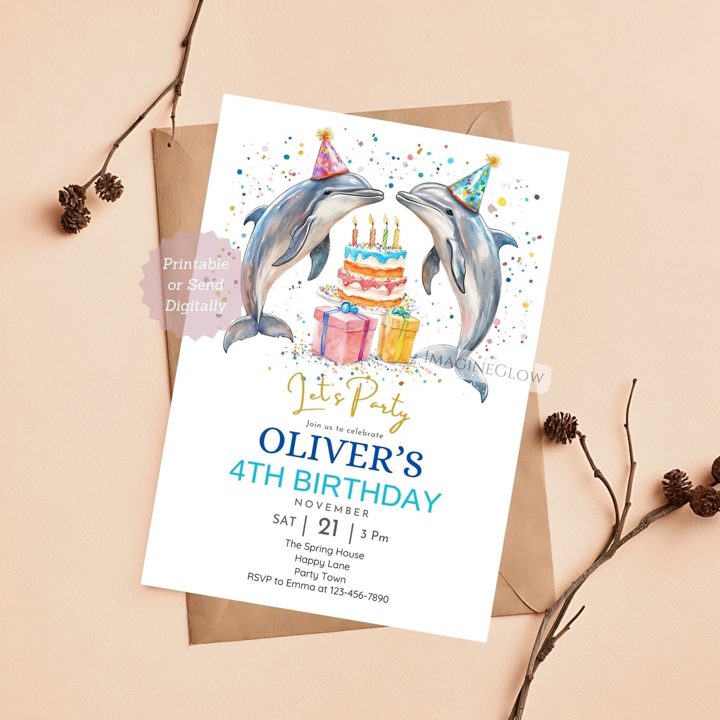 Digital Dolphin Birthday Party Invitation - Editable