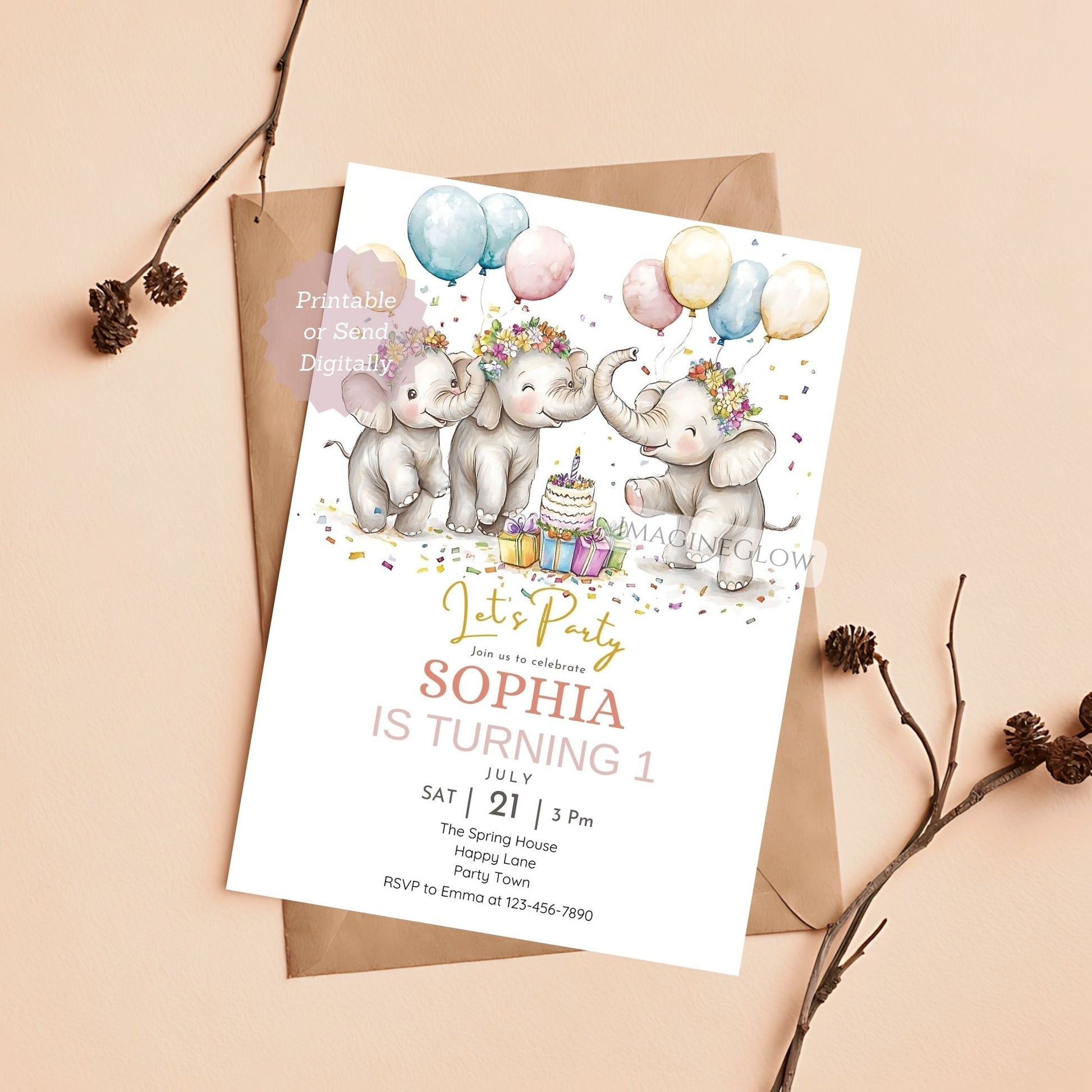 Elephant birthday invitation for kids party