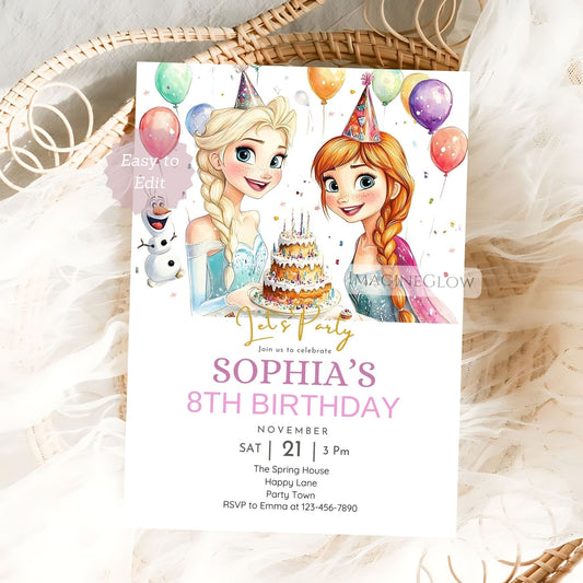 Frozen birthday invitation with Elsa and Anna design