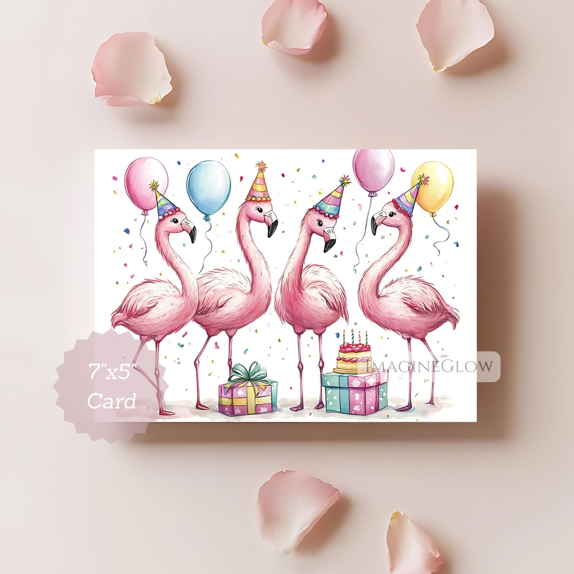 Birthday card with pink flamingos, balloons, and a cake on a light pink background.
