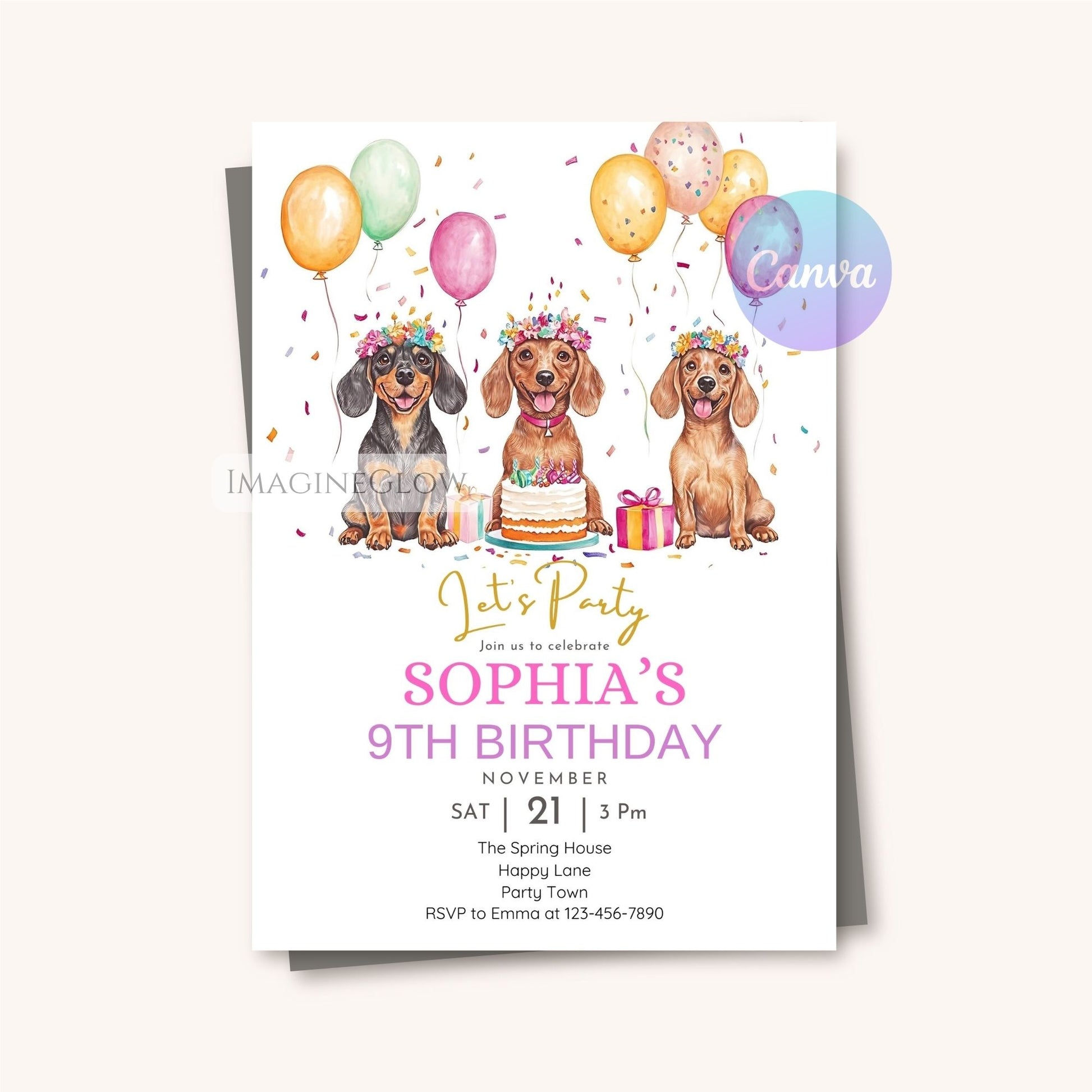 Dachshund dog floral celebration birthday invitation editable