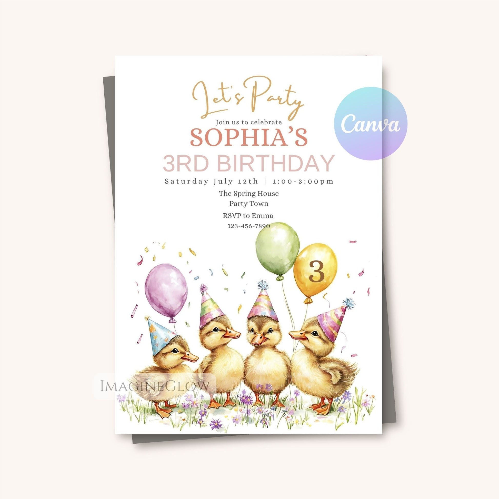 Spring duckling floral birthday party invitation editable
Whimsical duck floral birthday party invite