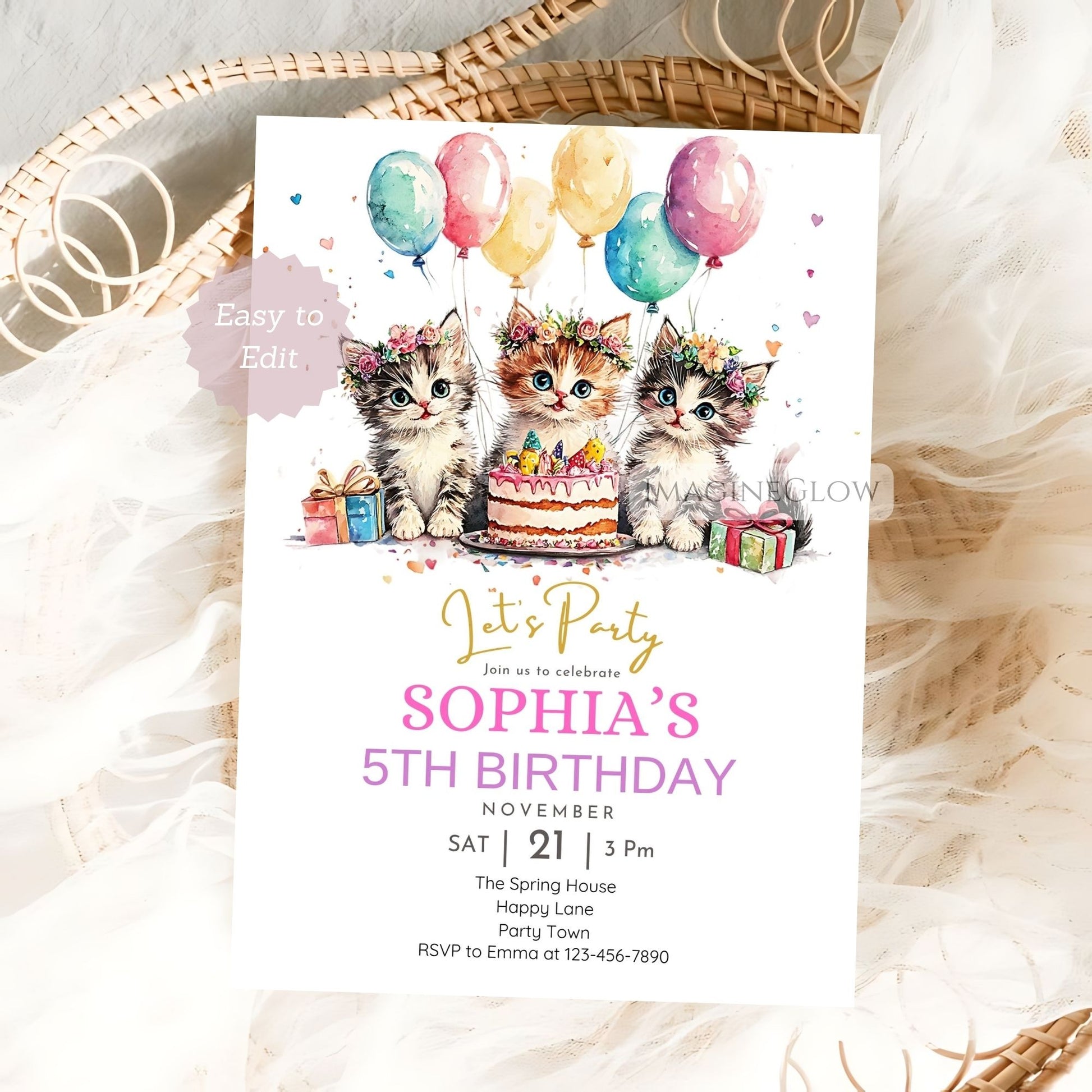 Personalized floral cat birthday invite template
Instant download kitten birthday invitation