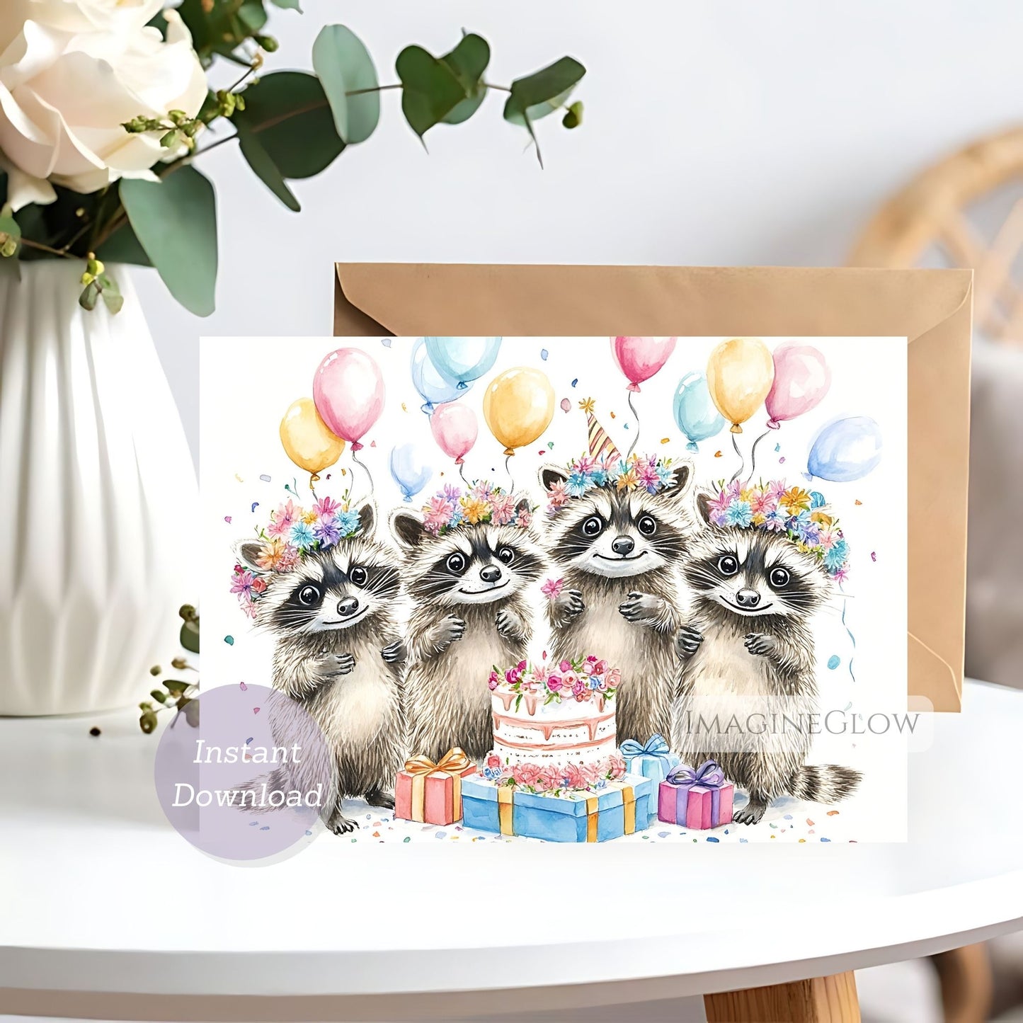 Cute raccoon with flowers birthday card
Woodland floral raccoon birthday card digital download