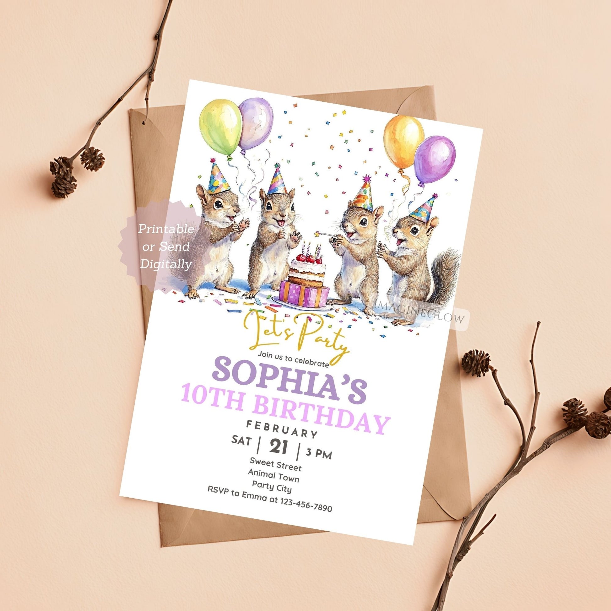 Squirrel Birthday Invitation for kids
Woodland animal party invite