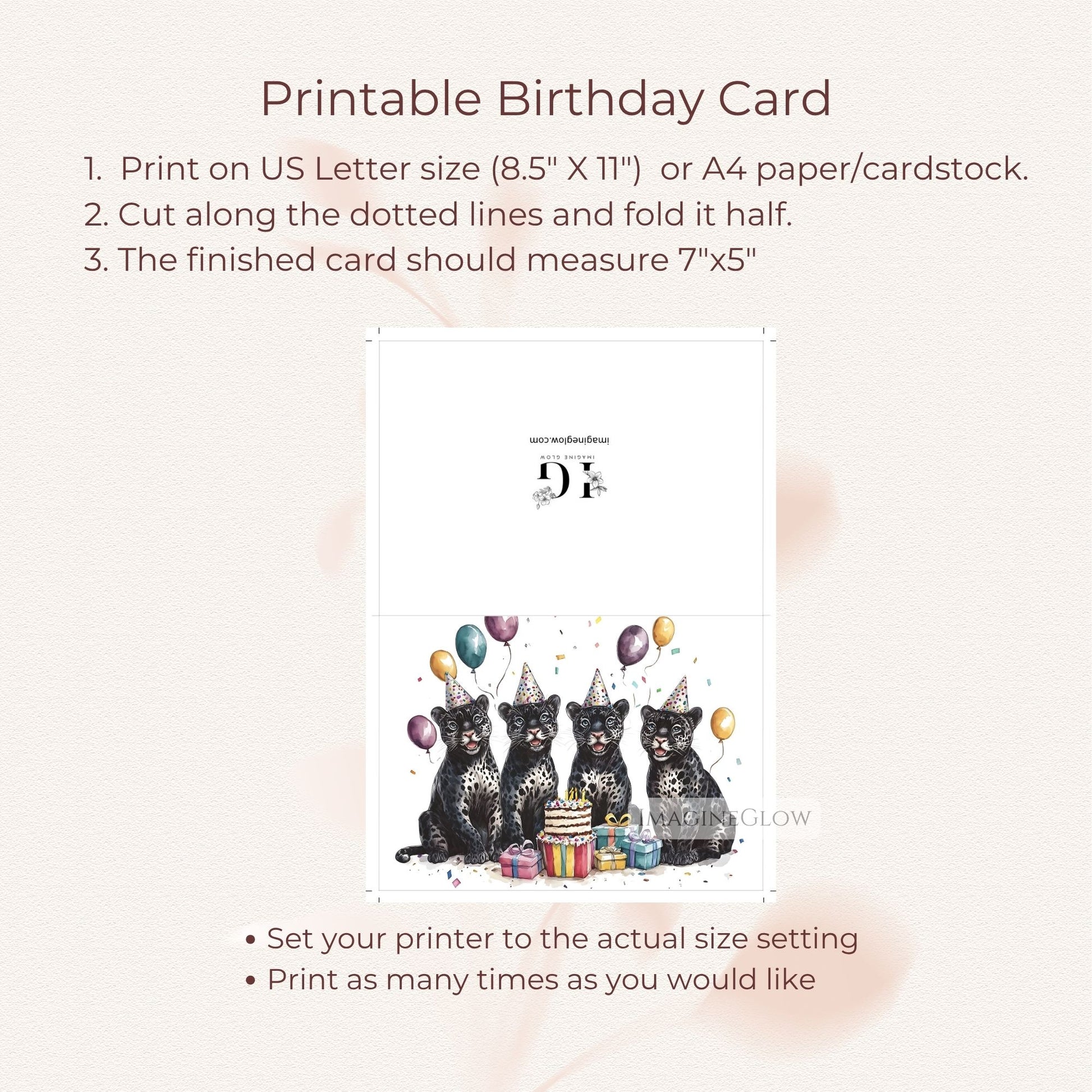 Animal lover birthday card with black panthers
Elegant black panther birthday greeting card
Printable four black panther birthday card design