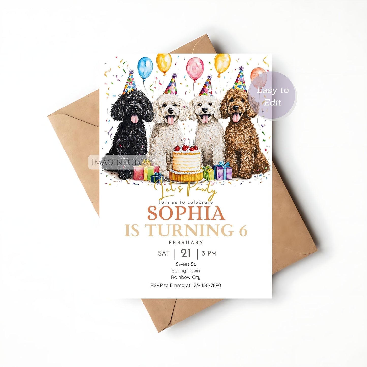 Adorable Poodle puppy-themed birthday invite design