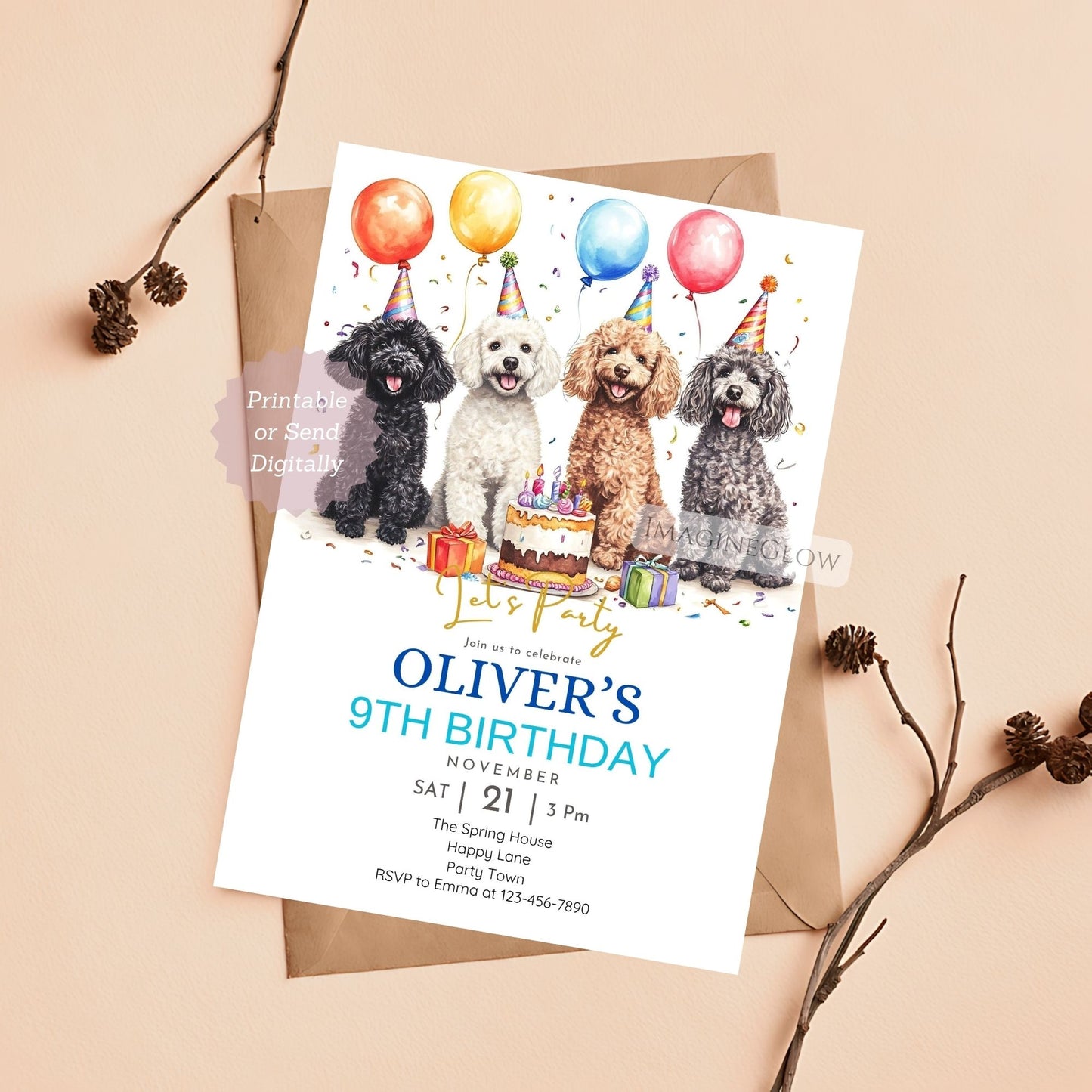 Editable four Poodle dog birthday invitation