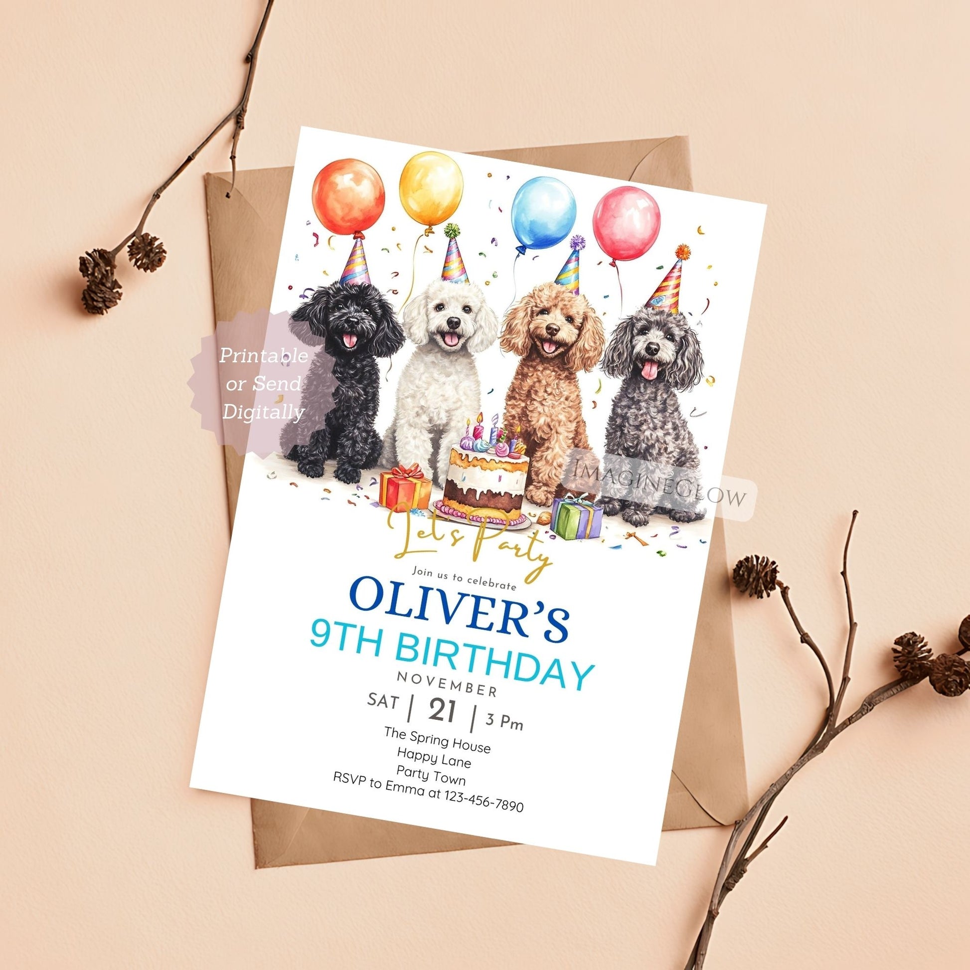 Editable four Poodle dog birthday invitation